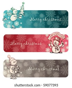 Three Christmas banners with hand drawn snowmans