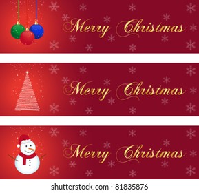 Three christmas banners with hanging balls, tree, and snowman