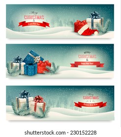 Tres pancartas navideñas con regalos. Vector.