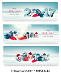 Three Christmas banners with presents. Vector. 