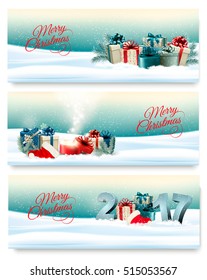 Three Christmas banners with presents. Vector. 