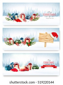 Three Christmas banners with presents. Vector.