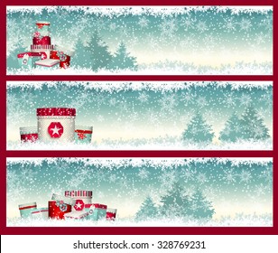 three christmas banners with presents with winter landscape in background, vector illustration, eps 10 with transparency and gradient meshes