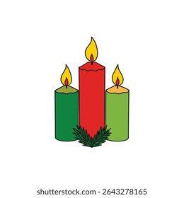 three christmas candles with flames and pine