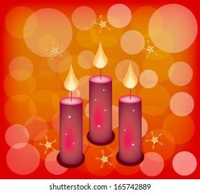 Three Christmas Candles with Snowflake and Bokeh Lights on Red Color Festive Background with Copy Space for Text Decorated. 