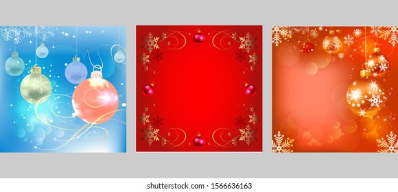 Three Christmas cards. Background wallpapers with golden Christmas toys for Your design: greeting cards, banners, posters. Colors image: gold,  white, red, blue. Vector illustration