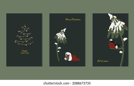 Three Christmas cards in dark colors. A bullfinch sits on a pine branch, a little deer sleeps in a Santa hat. 