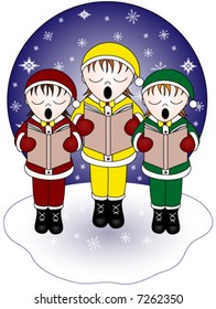 Three christmas carolers singing in the snow, vector.
