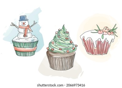 three Christmas cookies on colorful backgrounds, concept for a poster, postcard, post on social media. vector illustration, watercolor, sketch