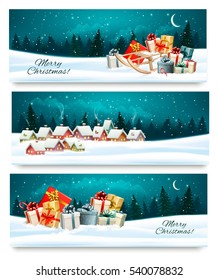 Three Christmas festive banners with landscapes and gift boxes. Vector.