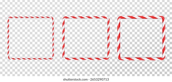 Three Christmas frames in the shape of striped sugar cane. Christmas candies for decorating banners and posts. Red and white frame of different thickness. Isolated vector background