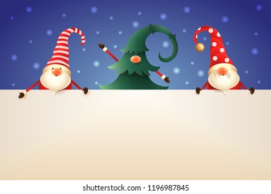 Three Christmas Gnomes with board on blue background. One hidden in Christmas tree