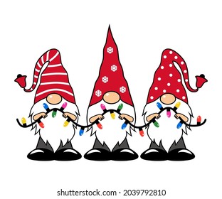 
Three Christmas gnomes with a garland. Vector isolated cartoon character. Christmas card.
