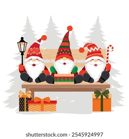 Three Christmas gnomes on a bench. Funny dwarfs in red caps with beards and moustaches set. Illustrated vector clipart.