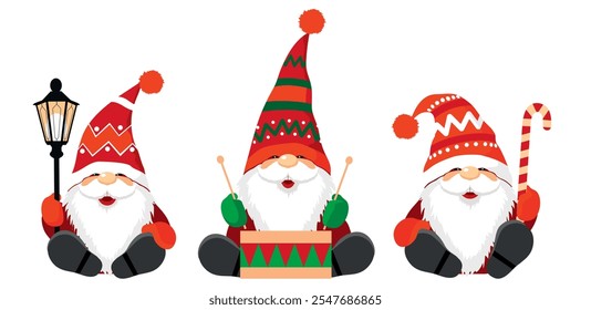 Three Christmas gnomes set. Funny Gnomes in red caps with beards and moustaches. A Gnome with a caramel cane and a lantern. Illustrated vector clipart.