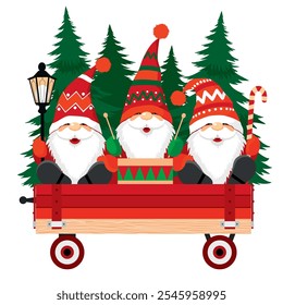 Three Christmas gnomes are sitting in a cart with Christmas trees. Funny dwarfs in red caps with beards and moustaches set. Illustrated vector clipart.