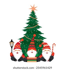 Three Christmas gnomes are sitting next to a decorated Christmas tree. Funny dwarfs in red caps with beards and moustaches set. Illustrated vector clipart.