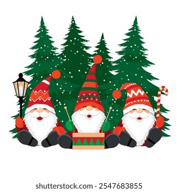 Three Christmas gnomes are sitting on the background of a fir forest. Funny dwarfs in red caps with beards and moustaches set. A dwarf with a caramel cane and a lantern. Illustrated vector clipart.