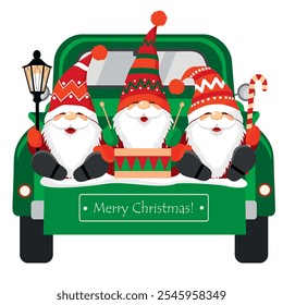 Three Christmas gnomes are sitting in the trunk of a green car. Funny dwarfs in red caps with beards and moustaches set. Illustrated vector clipart.