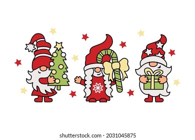 Three Christmas gnomes with christmas tree, gift box and candy cane are on white background. Vector illustration.