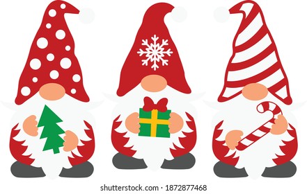 Three Christmas gnomes vector design, Christmas cut file, Cute gnomes illustration