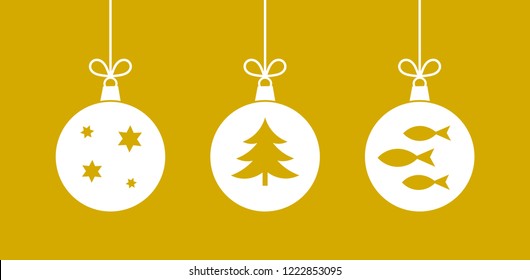 Three Christmas hanging balls ornaments on golden background.