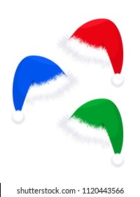 Three Christmas hats, red, blue and green. Vector cartoon illustration.