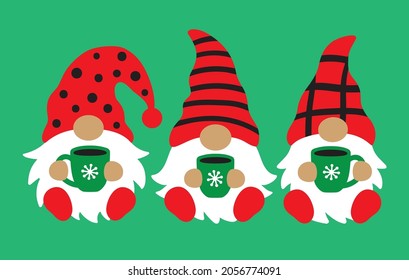 Three Christmas holiday gnomes with red hat holding hot coffee vector illustration.