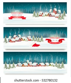 Three christmas holiday landscape banners. Vector.