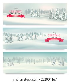 Three christmas landscape banners. Vector. 