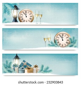 Three Christmas, New Year banners with gift boxes, lanterns and champagne. Vector. 