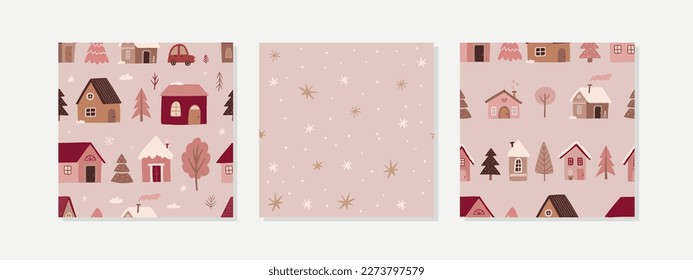 Three Christmas patterns with houses and trees. 
