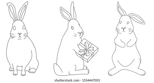Three Christmas rabbit in a linear style. Isolated on white background. For coloring, calendars. Set of elements for the New Year's design.