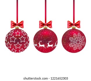 Three Christmas red balls with and bows isolated on white background. Illustration vector.