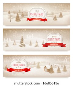 Three christmas retro landscape banners. Vector. 