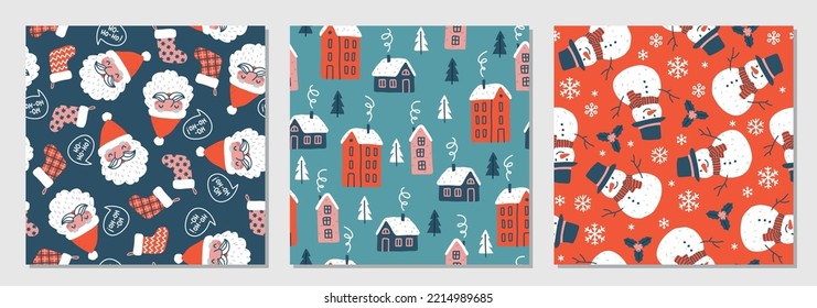 Three Christmas seamless patterns with Santa, snowman and cute little houses.