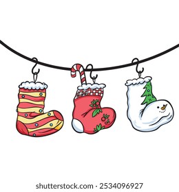 Three Christmas socks colorful illustration isolated on square background. Simple flat outlined cartoon art styled drawing.