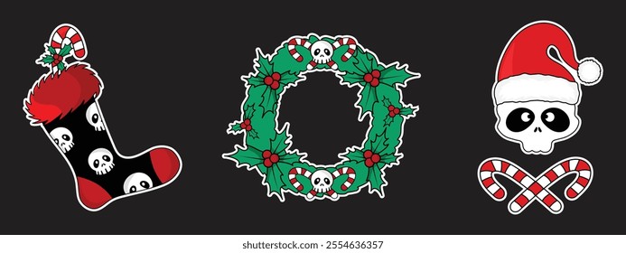 Three Christmas stickers. Skull with candy cane, wreath with berries, christmas stocking. Creepy christmas decorations. Vector eps elements.