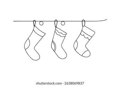Three christmas stockings hanging on a line drawing
