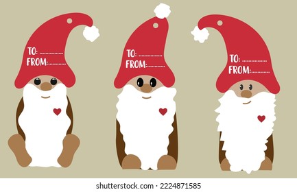 Three christmas tags with Christmas gnomes and space for text.
