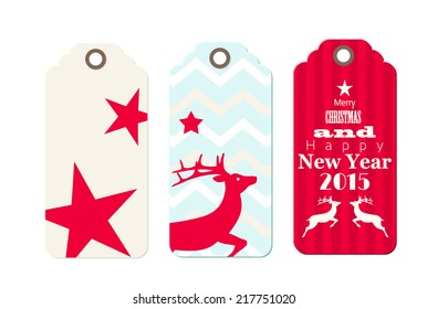 Three christmas  tags in shabby chic style, isolated on white background, vector illustration, eps 10 with transparency