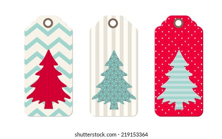 Three christmas  tags in shabby chic style, isolated on white background, vector illustration, eps 10 with transparency