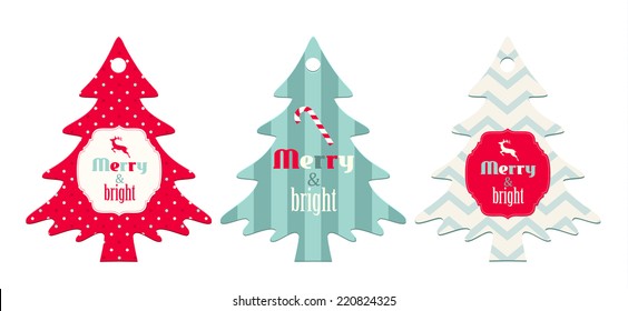 Three christmas  tags in shape of tree with text Merry and Bright, isolated on white background, vector illustration, eps 10 with transparency