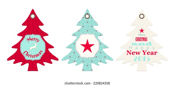 Three christmas  tags in shape of tree, isolated on white background, vector illustration, eps 10 with transparency