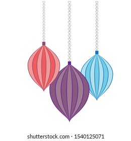 Three christmas toys, blue, pink and violet colors. Greeting card design.
