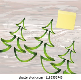 Three christmas tree of green ribbon. Vector on wooden background. Greeting card for the holiday new year. Empty space for text or advertising. Yellow sheet of paper for notes. Sticker.
