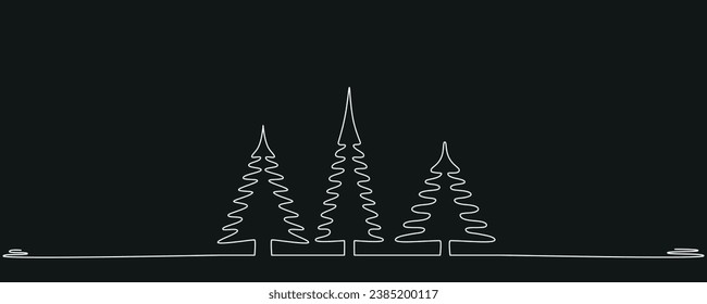 Tres árboles de Navidad - dibujando a mano una sola línea continua. Ilustración de material vectorial aislada en el fondo negro para el banner de invierno de plantilla de diseño, tarjeta de saludo. Trazo editable. EPS 10. 