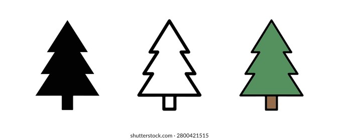 Three Christmas tree icons in different colors and styles black solid green and outlined white tree silhouettes for decoration and design