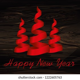 Three christmas tree from red ribbon. Vector on wooden background. Greeting card for the holiday new year. Empty space for text or advertising.