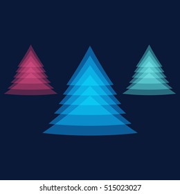 Three Christmas trees: blue, red, green on a blue background. Merry Christmas and Happy New Year. abstract bells.